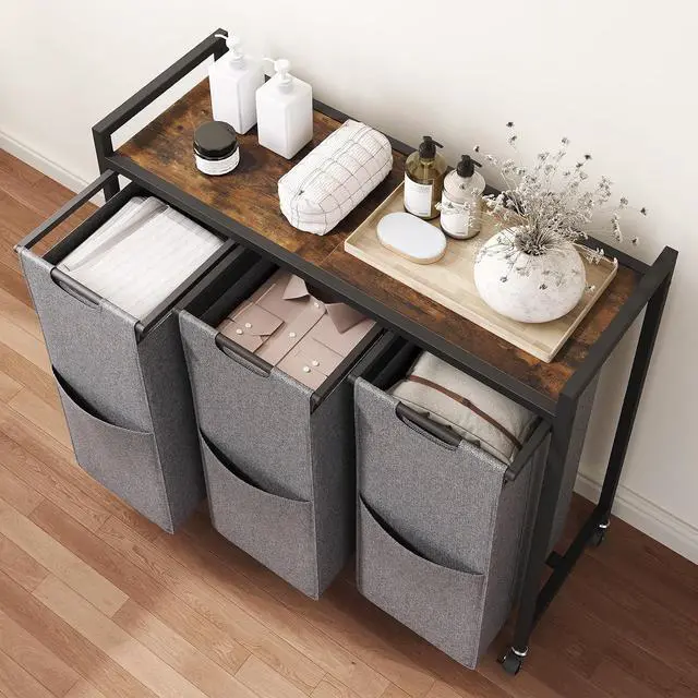 Alt view image 4 of 7 - Laundry Sorter 3 Section, Laundry Hamper with Wheels, 3 × 11.5 Gal (43.4L), Rolling Laundry Basket, Pull-Out and Removable Oxford Fabric Laundry Bags, Rustic Brown and Grey BFG76XY01