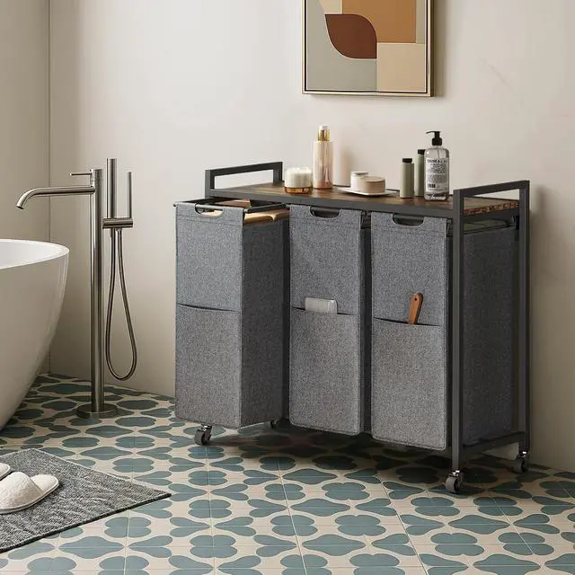 Alt view image 5 of 7 - Laundry Sorter 3 Section, Laundry Hamper with Wheels, 3 × 11.5 Gal (43.4L), Rolling Laundry Basket, Pull-Out and Removable Oxford Fabric Laundry Bags, Rustic Brown and Grey BFG76XY01