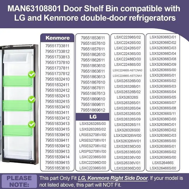 Alt view image 4 of 6 - Upgraded MAN63108801 Refrigerator Door Shelf Bin (Right) Compatible with LG LSXS26326S/00 Door Bin, LG LSXS26326S/02 Door Shelf, LRSES2706V/00, Kenmore Refrigerator 79551733811, 79551857610 etc