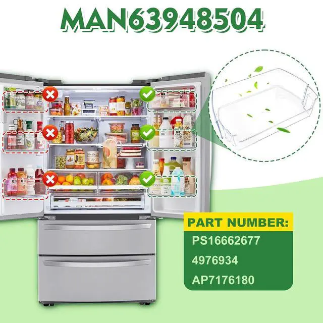 Alt view image 2 of 7 - MAN63948504 Door Shelf Bin, Bin Basket Shelf Compatible with l-g LFXC22526D, LMXS28626D, LFCS27596S, etc, Part Number: 4976934, AP7176180, PS16662677, EAP16662677