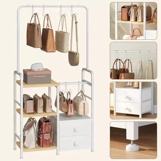 Alt view image 6 of 7 - 3-Tier Tall Purse Organizer for Closet with Hooks & Drawers, Floor-Standing Purse Rack Stand for Handbag Organizer, Purse Storage Organizer for Entryway, Bedroom, Natural and White WN98CJ01