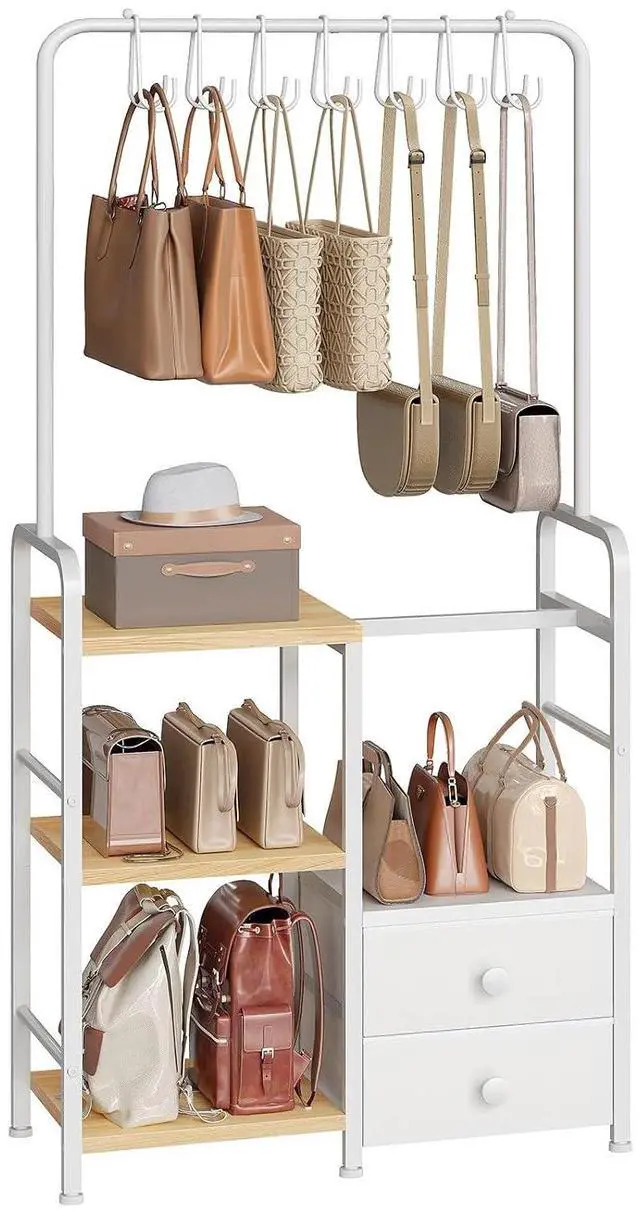 Main image of 3-Tier Tall Purse Organizer for Closet with Hooks & Drawers, Floor-Standing Purse Rack Stand for Handbag Organizer, Purse Storage Organizer for Entryway, Bedroom, Natural and White WN98CJ01