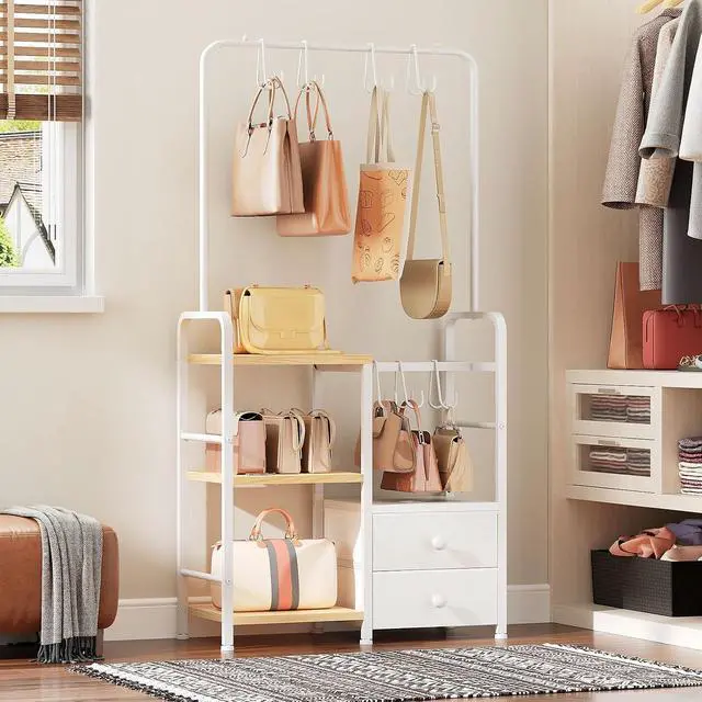 Alt view image 2 of 7 - 3-Tier Tall Purse Organizer for Closet with Hooks & Drawers, Floor-Standing Purse Rack Stand for Handbag Organizer, Purse Storage Organizer for Entryway, Bedroom, Natural and White WN98CJ01