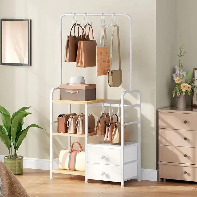 Alt view image 4 of 7 - 3-Tier Tall Purse Organizer for Closet with Hooks & Drawers, Floor-Standing Purse Rack Stand for Handbag Organizer, Purse Storage Organizer for Entryway, Bedroom, Natural and White WN98CJ01
