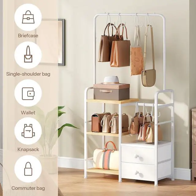 Alt view image 5 of 7 - 3-Tier Tall Purse Organizer for Closet with Hooks & Drawers, Floor-Standing Purse Rack Stand for Handbag Organizer, Purse Storage Organizer for Entryway, Bedroom, Natural and White WN98CJ01