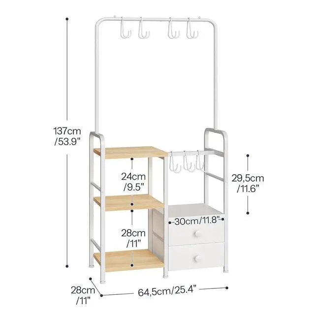Alt view image 3 of 7 - 3-Tier Tall Purse Organizer for Closet with Hooks & Drawers, Floor-Standing Purse Rack Stand for Handbag Organizer, Purse Storage Organizer for Entryway, Bedroom, Natural and White WN98CJ01
