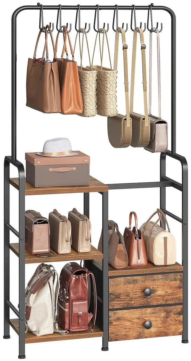 Main image of 3-Tier Tall Purse Organizer with Hooks & Drawers, Floor-Standing Purse Rack Stand for Handbag Organizer, Purse Storage Organizer for Closet, Entryway, Bedroom, Rustic Brown and Black BF98CJ01