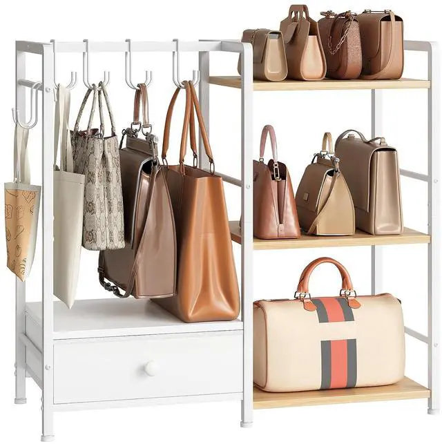 Main image of Purse Organizer Rack for Closet, 3-Tier Handbag Storage Stand with Hooks & Drawer, Large Capacity Bag Organizer for Bedroom, Space-Saving Purse Holder for Women, Natural and White WN28CJ01