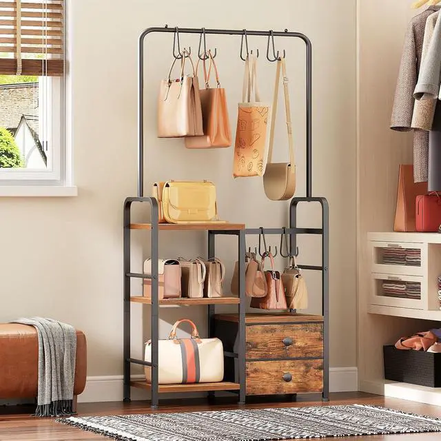 Alt view image 2 of 7 - 3-Tier Tall Purse Organizer with Hooks & Drawers, Floor-Standing Purse Rack Stand for Handbag Organizer, Purse Storage Organizer for Closet, Entryway, Bedroom, Rustic Brown and Black BF98CJ01