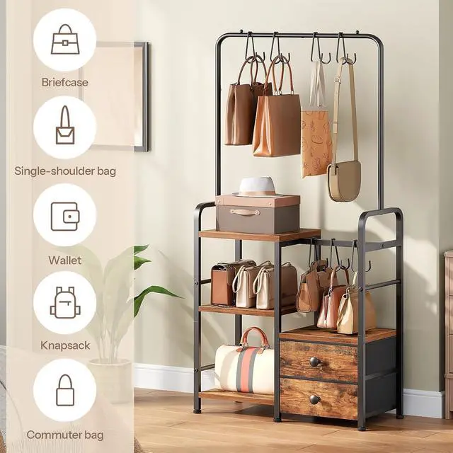 Alt view image 5 of 7 - 3-Tier Tall Purse Organizer with Hooks & Drawers, Floor-Standing Purse Rack Stand for Handbag Organizer, Purse Storage Organizer for Closet, Entryway, Bedroom, Rustic Brown and Black BF98CJ01