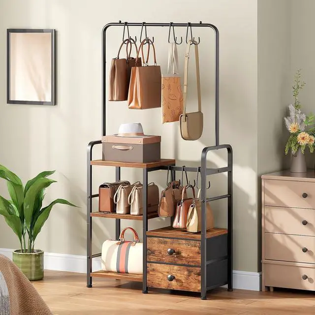 Alt view image 4 of 7 - 3-Tier Tall Purse Organizer with Hooks & Drawers, Floor-Standing Purse Rack Stand for Handbag Organizer, Purse Storage Organizer for Closet, Entryway, Bedroom, Rustic Brown and Black BF98CJ01