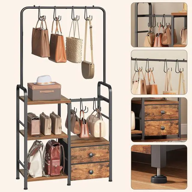 Alt view image 7 of 7 - 3-Tier Tall Purse Organizer with Hooks & Drawers, Floor-Standing Purse Rack Stand for Handbag Organizer, Purse Storage Organizer for Closet, Entryway, Bedroom, Rustic Brown and Black BF98CJ01