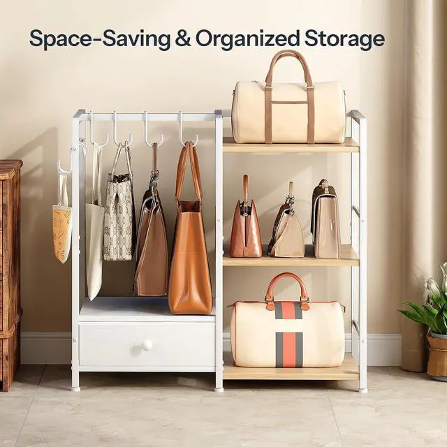 Alt view image 2 of 7 - Purse Organizer Rack for Closet, 3-Tier Handbag Storage Stand with Hooks & Drawer, Large Capacity Bag Organizer for Bedroom, Space-Saving Purse Holder for Women, Natural and White WN28CJ01