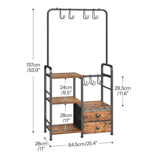 Alt view image 3 of 7 - 3-Tier Tall Purse Organizer with Hooks & Drawers, Floor-Standing Purse Rack Stand for Handbag Organizer, Purse Storage Organizer for Closet, Entryway, Bedroom, Rustic Brown and Black BF98CJ01