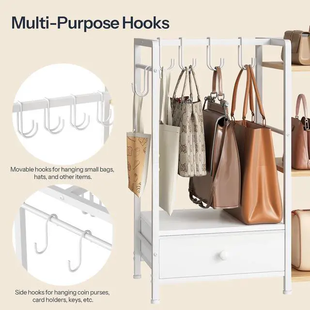 Alt view image 6 of 7 - Purse Organizer Rack for Closet, 3-Tier Handbag Storage Stand with Hooks & Drawer, Large Capacity Bag Organizer for Bedroom, Space-Saving Purse Holder for Women, Natural and White WN28CJ01