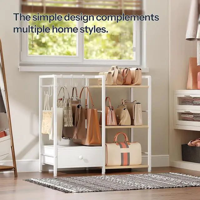 Alt view image 5 of 7 - Purse Organizer Rack for Closet, 3-Tier Handbag Storage Stand with Hooks & Drawer, Large Capacity Bag Organizer for Bedroom, Space-Saving Purse Holder for Women, Natural and White WN28CJ01