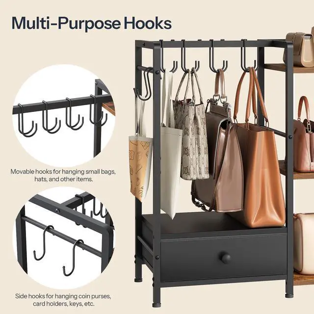 Alt view image 5 of 7 - Purse Organizer Rack for Closet, 3-Tier Handbag Storage Stand with Hooks & Drawer, Large Capacity Bag Organizer for Bedroom, Space-Saving Purse Holder for Women, Black and Rustic Brown BF28CJ01