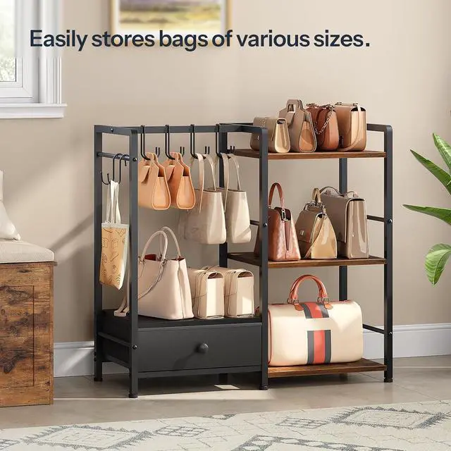 Alt view image 2 of 7 - Purse Organizer Rack for Closet, 3-Tier Handbag Storage Stand with Hooks & Drawer, Large Capacity Bag Organizer for Bedroom, Space-Saving Purse Holder for Women, Black and Rustic Brown BF28CJ01