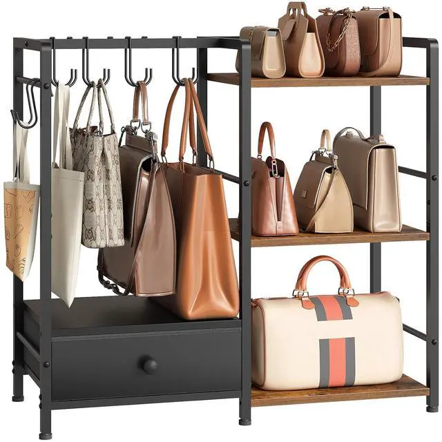 Main image of Purse Organizer Rack for Closet, 3-Tier Handbag Storage Stand with Hooks & Drawer, Large Capacity Bag Organizer for Bedroom, Space-Saving Purse Holder for Women, Black and Rustic Brown BF28CJ01