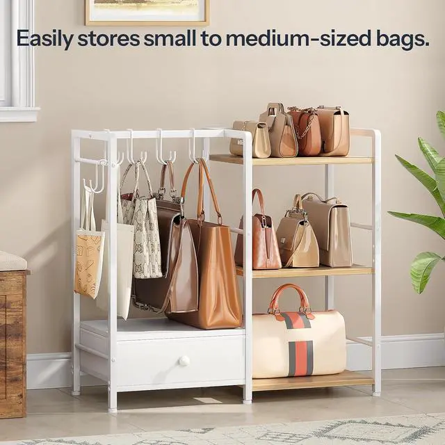Alt view image 4 of 7 - Purse Organizer Rack for Closet, 3-Tier Handbag Storage Stand with Hooks & Drawer, Large Capacity Bag Organizer for Bedroom, Space-Saving Purse Holder for Women, Natural and White WN28CJ01