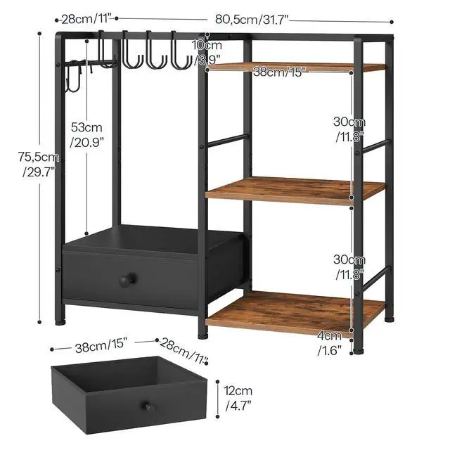 Alt view image 3 of 7 - Purse Organizer Rack for Closet, 3-Tier Handbag Storage Stand with Hooks & Drawer, Large Capacity Bag Organizer for Bedroom, Space-Saving Purse Holder for Women, Black and Rustic Brown BF28CJ01
