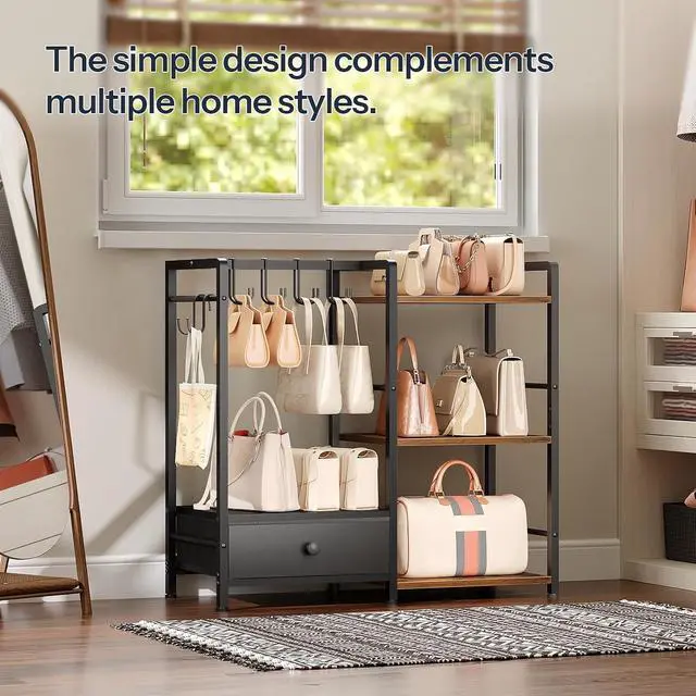 Alt view image 4 of 7 - Purse Organizer Rack for Closet, 3-Tier Handbag Storage Stand with Hooks & Drawer, Large Capacity Bag Organizer for Bedroom, Space-Saving Purse Holder for Women, Black and Rustic Brown BF28CJ01