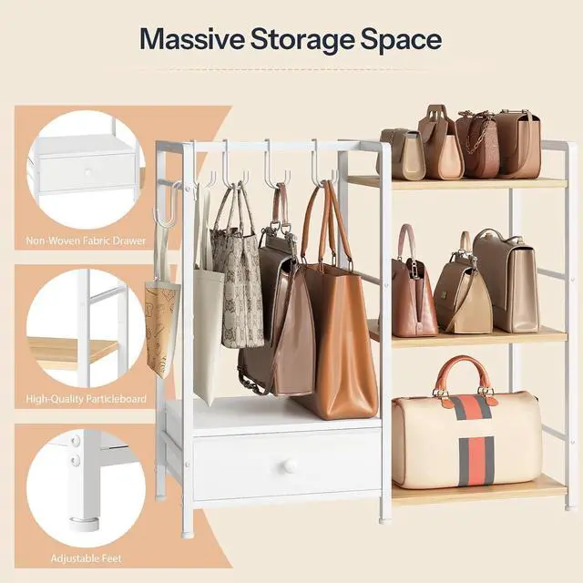 Alt view image 7 of 7 - Purse Organizer Rack for Closet, 3-Tier Handbag Storage Stand with Hooks & Drawer, Large Capacity Bag Organizer for Bedroom, Space-Saving Purse Holder for Women, Natural and White WN28CJ01