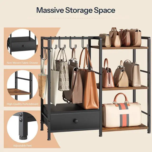 Alt view image 6 of 7 - Purse Organizer Rack for Closet, 3-Tier Handbag Storage Stand with Hooks & Drawer, Large Capacity Bag Organizer for Bedroom, Space-Saving Purse Holder for Women, Black and Rustic Brown BF28CJ01