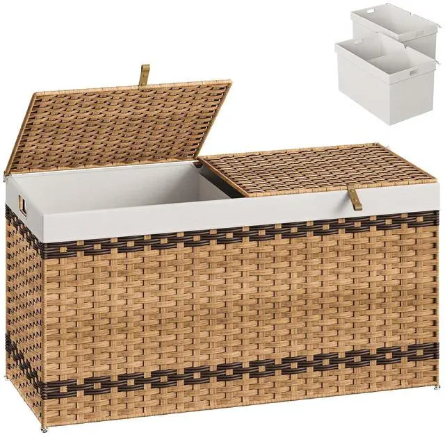 Main image of Storage Basket with Lid, 52.8 Gallon (200L) Wicker Storage Basket with 2 Separate Lid, Blanket Storage Bin with 2 Removable Liner Bags, for Bedroom, Laundry, Natural and Brown NL277CW01