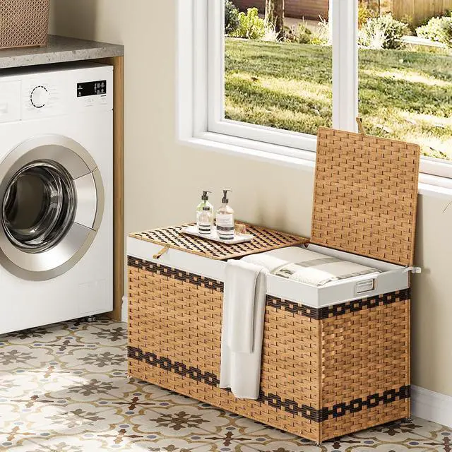 Alt view image 2 of 7 - Storage Basket with Lid, 52.8 Gallon (200L) Wicker Storage Basket with 2 Separate Lid, Blanket Storage Bin with 2 Removable Liner Bags, for Bedroom, Laundry, Natural and Brown NL277CW01