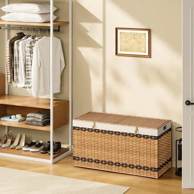 Alt view image 5 of 7 - Storage Basket with Lid, 52.8 Gallon (200L) Wicker Storage Basket with 2 Separate Lid, Blanket Storage Bin with 2 Removable Liner Bags, for Bedroom, Laundry, Natural and Brown NL277CW01