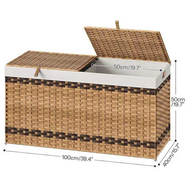 Alt view image 7 of 7 - Storage Basket with Lid, 52.8 Gallon (200L) Wicker Storage Basket with 2 Separate Lid, Blanket Storage Bin with 2 Removable Liner Bags, for Bedroom, Laundry, Natural and Brown NL277CW01