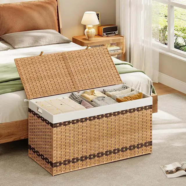 Alt view image 6 of 7 - Storage Basket with Lid, 52.8 Gallon (200L) Wicker Storage Basket with 2 Separate Lid, Blanket Storage Bin with 2 Removable Liner Bags, for Bedroom, Laundry, Natural and Brown NL277CW01