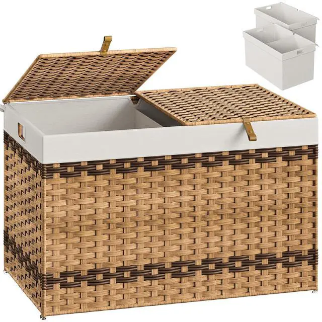 Main image of Storage Basket with Lid, 42.3 Gallon (160L) Wicker Storage Basket with 2 Separate Lid, Blanket Storage Bin with 2 Removable Liner Bags, for Bedroom, Laundry, Natural and Brown NL276CW01