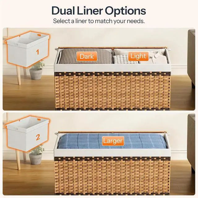 Alt view image 4 of 7 - Storage Basket with Lid, 52.8 Gallon (200L) Wicker Storage Basket with 2 Separate Lid, Blanket Storage Bin with 2 Removable Liner Bags, for Bedroom, Laundry, Natural and Brown NL277CW01