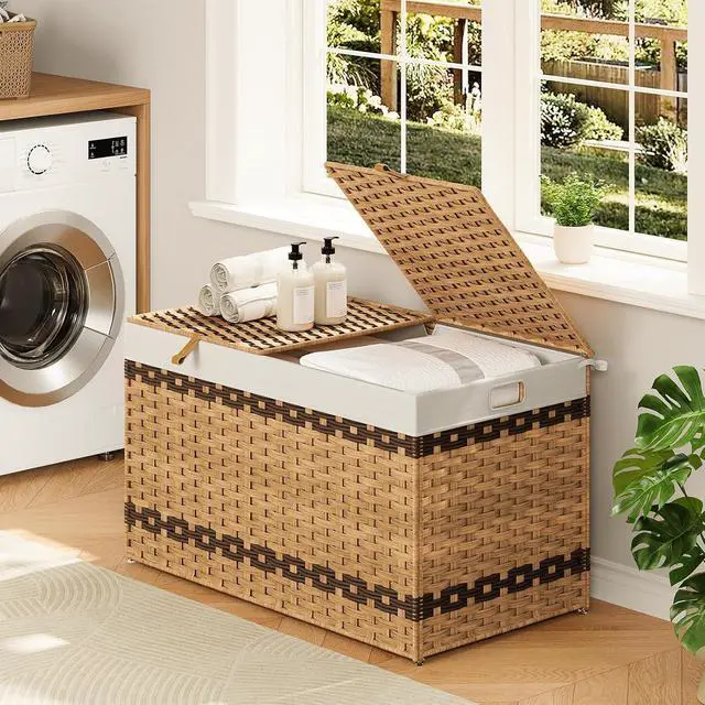 Alt view image 2 of 7 - Storage Basket with Lid, 42.3 Gallon (160L) Wicker Storage Basket with 2 Separate Lid, Blanket Storage Bin with 2 Removable Liner Bags, for Bedroom, Laundry, Natural and Brown NL276CW01