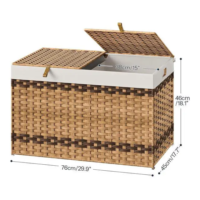 Alt view image 3 of 7 - Storage Basket with Lid, 42.3 Gallon (160L) Wicker Storage Basket with 2 Separate Lid, Blanket Storage Bin with 2 Removable Liner Bags, for Bedroom, Laundry, Natural and Brown NL276CW01
