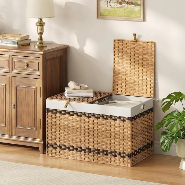 Alt view image 5 of 7 - Storage Basket with Lid, 42.3 Gallon (160L) Wicker Storage Basket with 2 Separate Lid, Blanket Storage Bin with 2 Removable Liner Bags, for Bedroom, Laundry, Natural and Brown NL276CW01