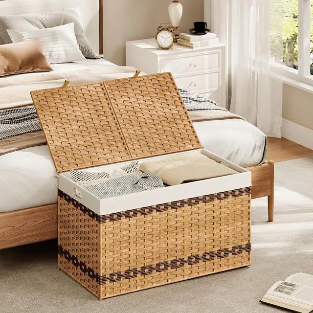 Alt view image 4 of 7 - Storage Basket with Lid, 42.3 Gallon (160L) Wicker Storage Basket with 2 Separate Lid, Blanket Storage Bin with 2 Removable Liner Bags, for Bedroom, Laundry, Natural and Brown NL276CW01