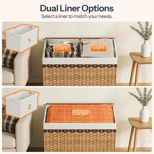 Alt view image 6 of 7 - Storage Basket with Lid, 42.3 Gallon (160L) Wicker Storage Basket with 2 Separate Lid, Blanket Storage Bin with 2 Removable Liner Bags, for Bedroom, Laundry, Natural and Brown NL276CW01