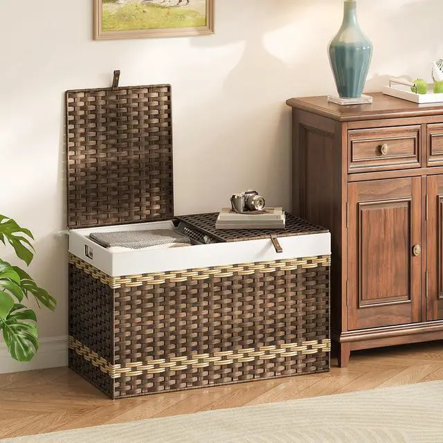 Alt view image 3 of 7 - Storage Basket with Lid, 42.3 Gallon (160L) Wicker Storage Basket with 2 Separate Lid, Blanket Storage Bin with 2 Removable Liner Bags, for Bedroom, Laundry, Brown and Natural BR276CW01
