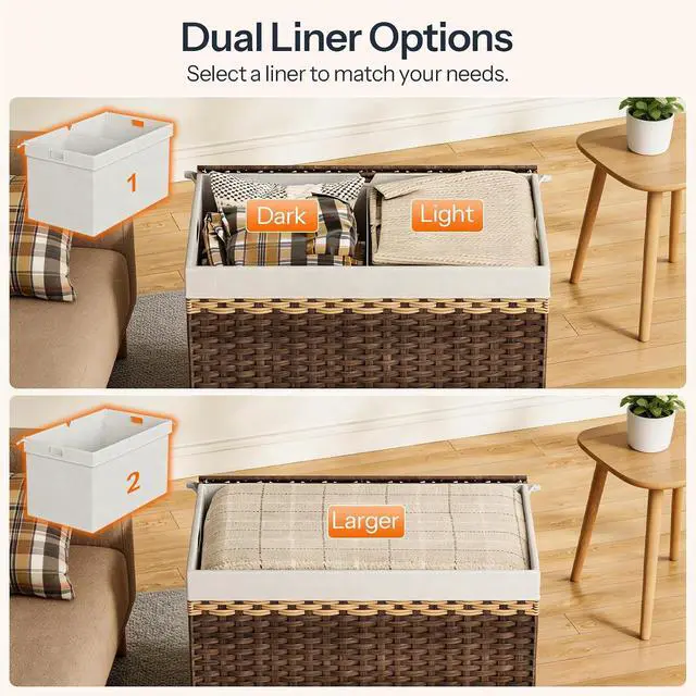 Alt view image 4 of 7 - Storage Basket with Lid, 42.3 Gallon (160L) Wicker Storage Basket with 2 Separate Lid, Blanket Storage Bin with 2 Removable Liner Bags, for Bedroom, Laundry, Brown and Natural BR276CW01