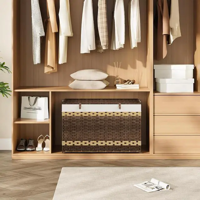 Alt view image 6 of 7 - Storage Basket with Lid, 42.3 Gallon (160L) Wicker Storage Basket with 2 Separate Lid, Blanket Storage Bin with 2 Removable Liner Bags, for Bedroom, Laundry, Brown and Natural BR276CW01