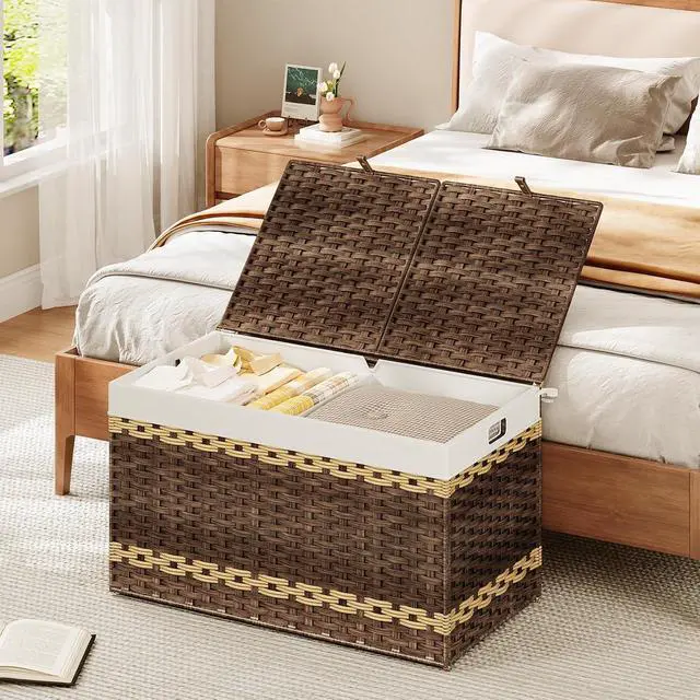 Alt view image 5 of 7 - Storage Basket with Lid, 42.3 Gallon (160L) Wicker Storage Basket with 2 Separate Lid, Blanket Storage Bin with 2 Removable Liner Bags, for Bedroom, Laundry, Brown and Natural BR276CW01