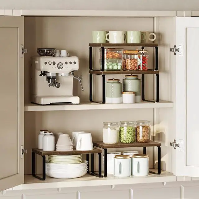Alt view image 2 of 7 - Cabinet Organizer Shelf, Set of 2 Kitchen Counter Shelves, Expandable Kitchen Storage, Stackable Bamboo Spice Rack, for Kitchen, Countertop, Office Desk, Bathroom, Mocha and Black CB30TL01