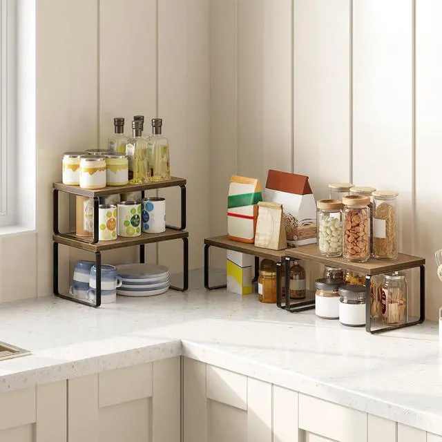 Alt view image 4 of 7 - Cabinet Organizer Shelf, Set of 2 Kitchen Counter Shelves, Expandable Kitchen Storage, Stackable Bamboo Spice Rack, for Kitchen, Countertop, Office Desk, Bathroom, Mocha and Black CB30TL01