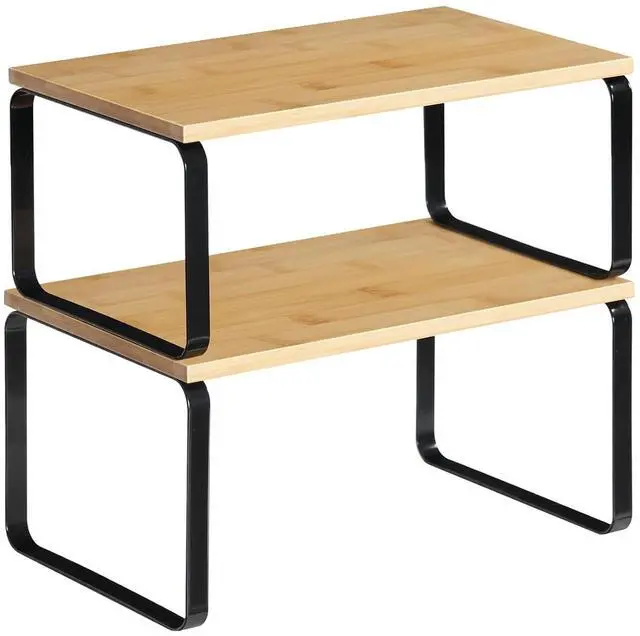 Main image of Cabinet Organizer Shelf, Set of 2 Kitchen Counter Shelves, Expandable Kitchen Storage, Stackable Bamboo Spice Rack, for Kitchen, Countertop, Office Desk, Bathroom, Natural and Black YB30TL01