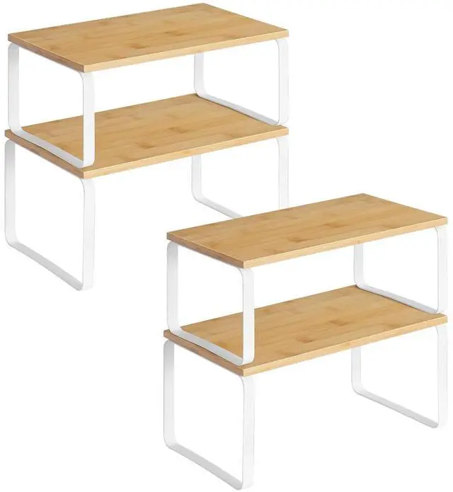 Main image of Cabinet Organizer Shelf, Set of 4 Kitchen Counter Shelves, Expandable Kitchen Storage, Stackable Bamboo Spice Rack, for Kitchen, Countertop, Office Desk, Bathroom, Natural and White YW30TLP201