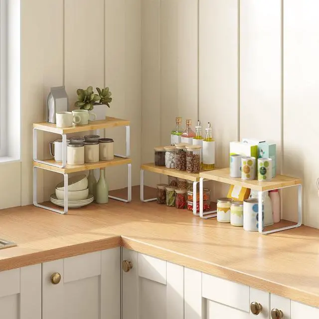 Alt view image 2 of 7 - Cabinet Organizer Shelf, Set of 4 Kitchen Counter Shelves, Expandable Kitchen Storage, Stackable Bamboo Spice Rack, for Kitchen, Countertop, Office Desk, Bathroom, Natural and White YW30TLP201