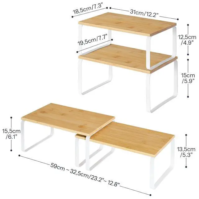 Alt view image 3 of 7 - Cabinet Organizer Shelf, Set of 4 Kitchen Counter Shelves, Expandable Kitchen Storage, Stackable Bamboo Spice Rack, for Kitchen, Countertop, Office Desk, Bathroom, Natural and White YW30TLP201